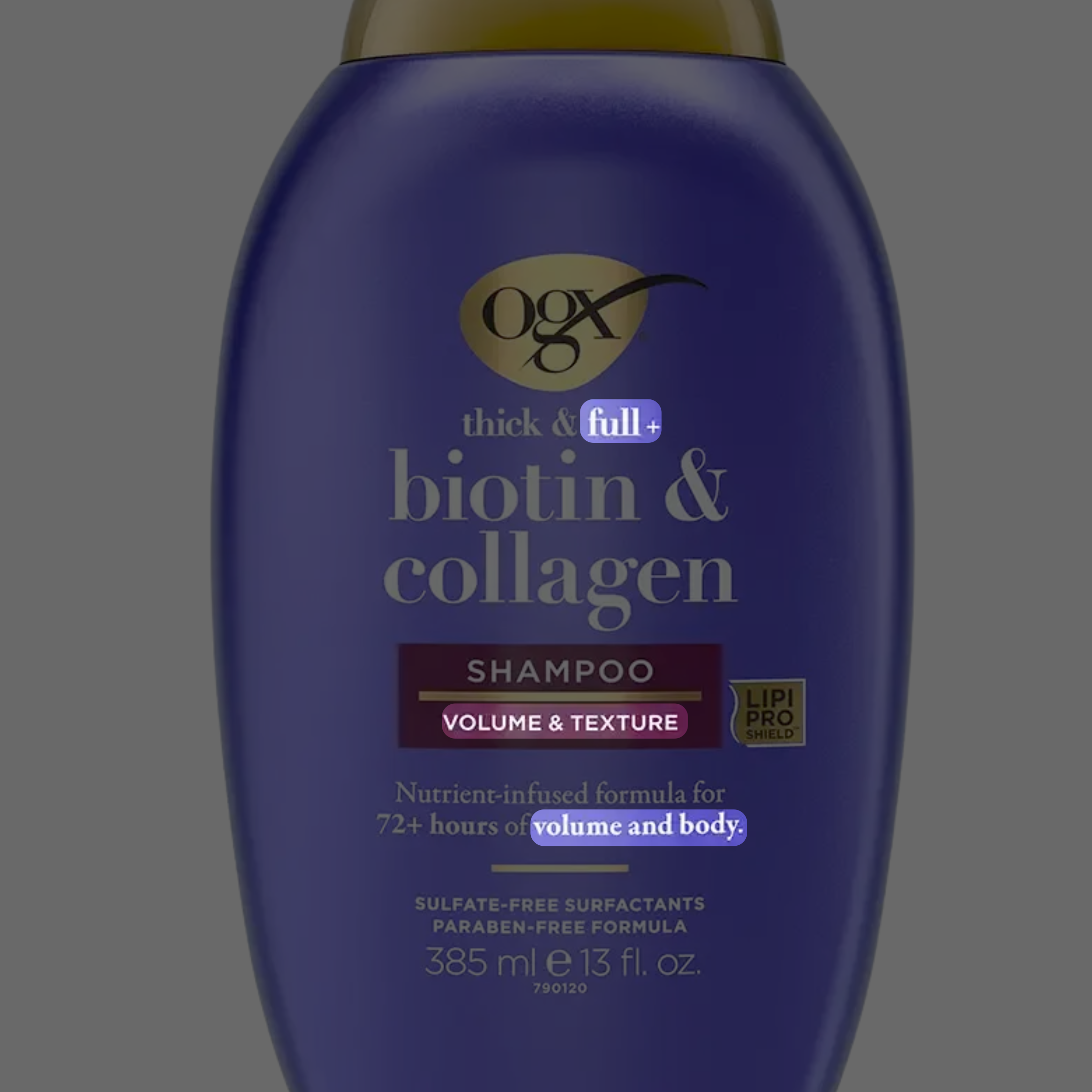 Same OGX shampoo label with volume, texture, and body marketing terms highlighted