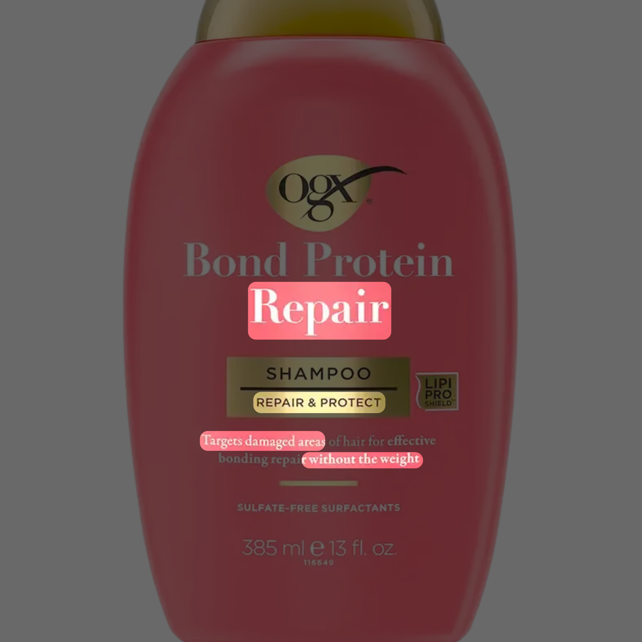Same OGX shampoo label with bond repair and protein marketing terms highlighted