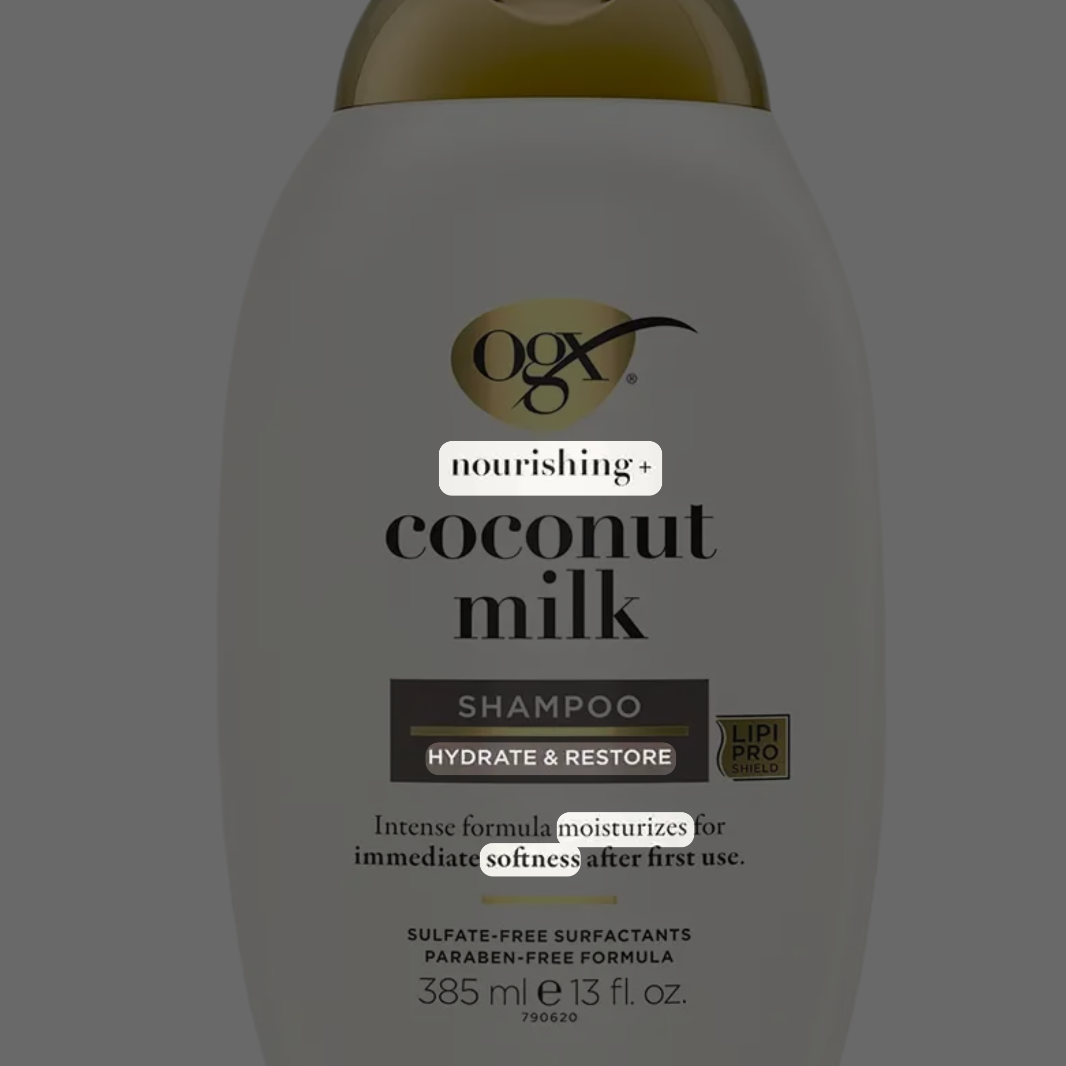Same OGX shampoo label with hydrate, restore, and moisturizing marketing terms highlighted